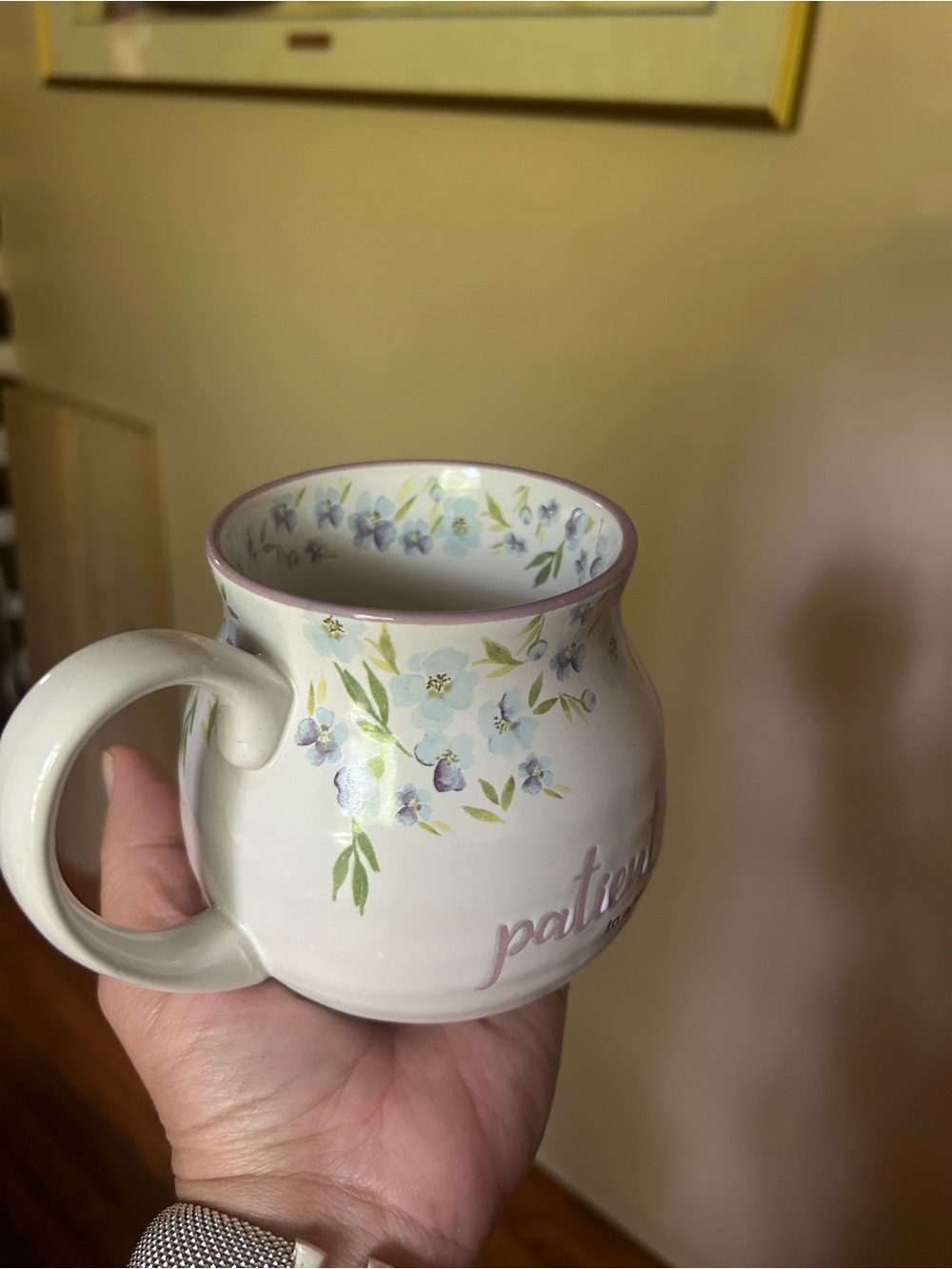Hand-Painted Floral Ceramic Mug in Cream with Purple Accents